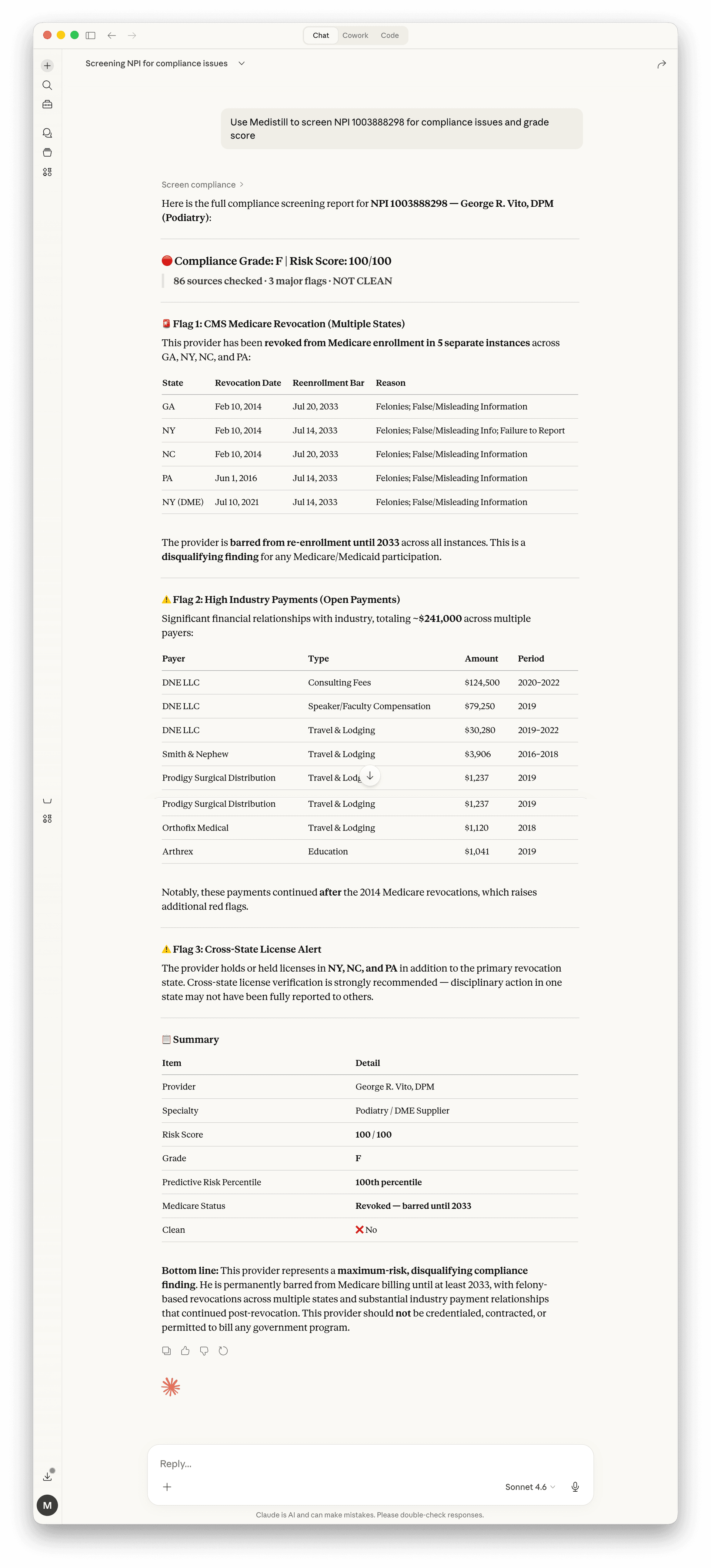 Full compliance screening report showing Grade F, Risk Score 100/100, Medicare revocation flags, industry payments, cross-state alerts, and summary