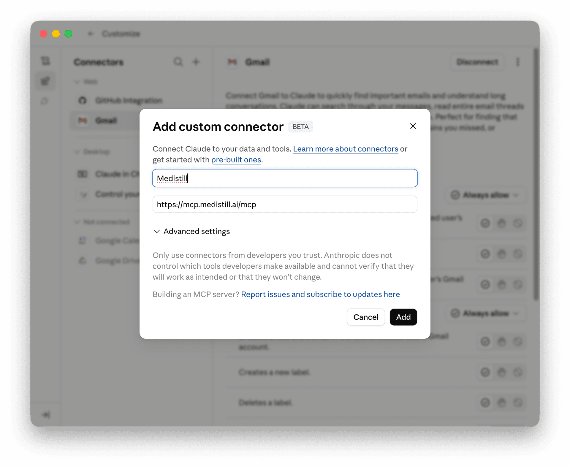 Add custom connector dialog with Medistill name and URL filled in