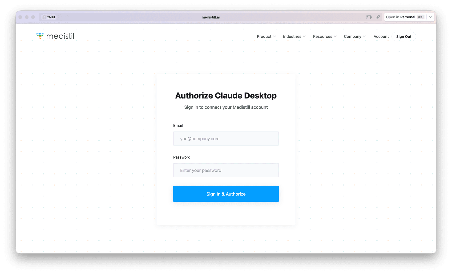 Medistill authorization page with email and password fields