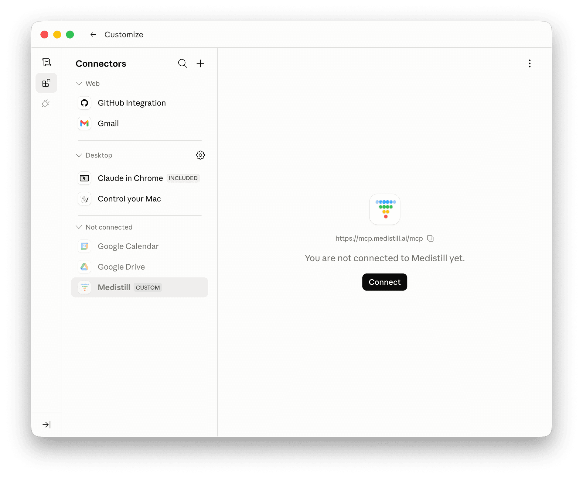 Customize page showing Medistill in the Not connected section with the Connect button visible
