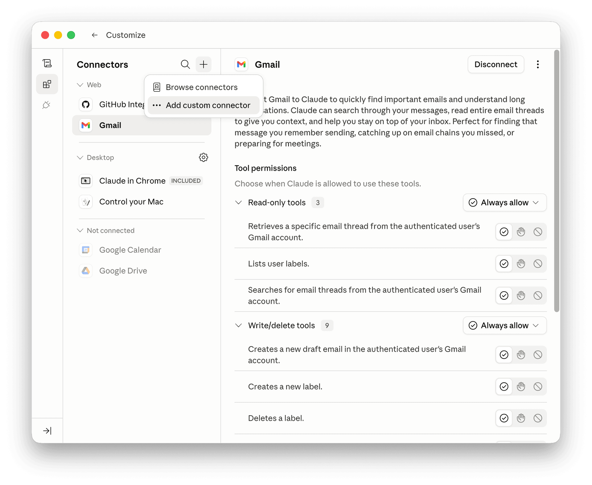 Customize page in Claude Desktop with the plus button menu open showing Add custom connector