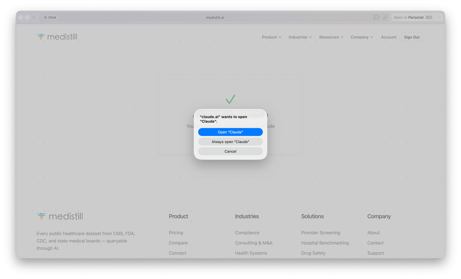 Browser dialog prompting to open Claude after successful authorization