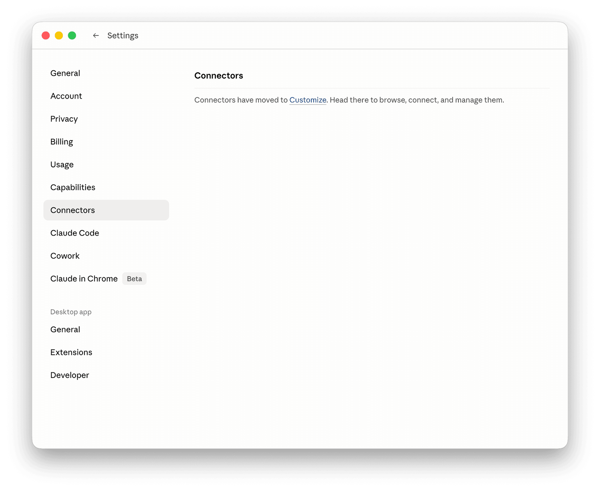Claude Desktop Settings showing the notice that connectors have moved to Customize