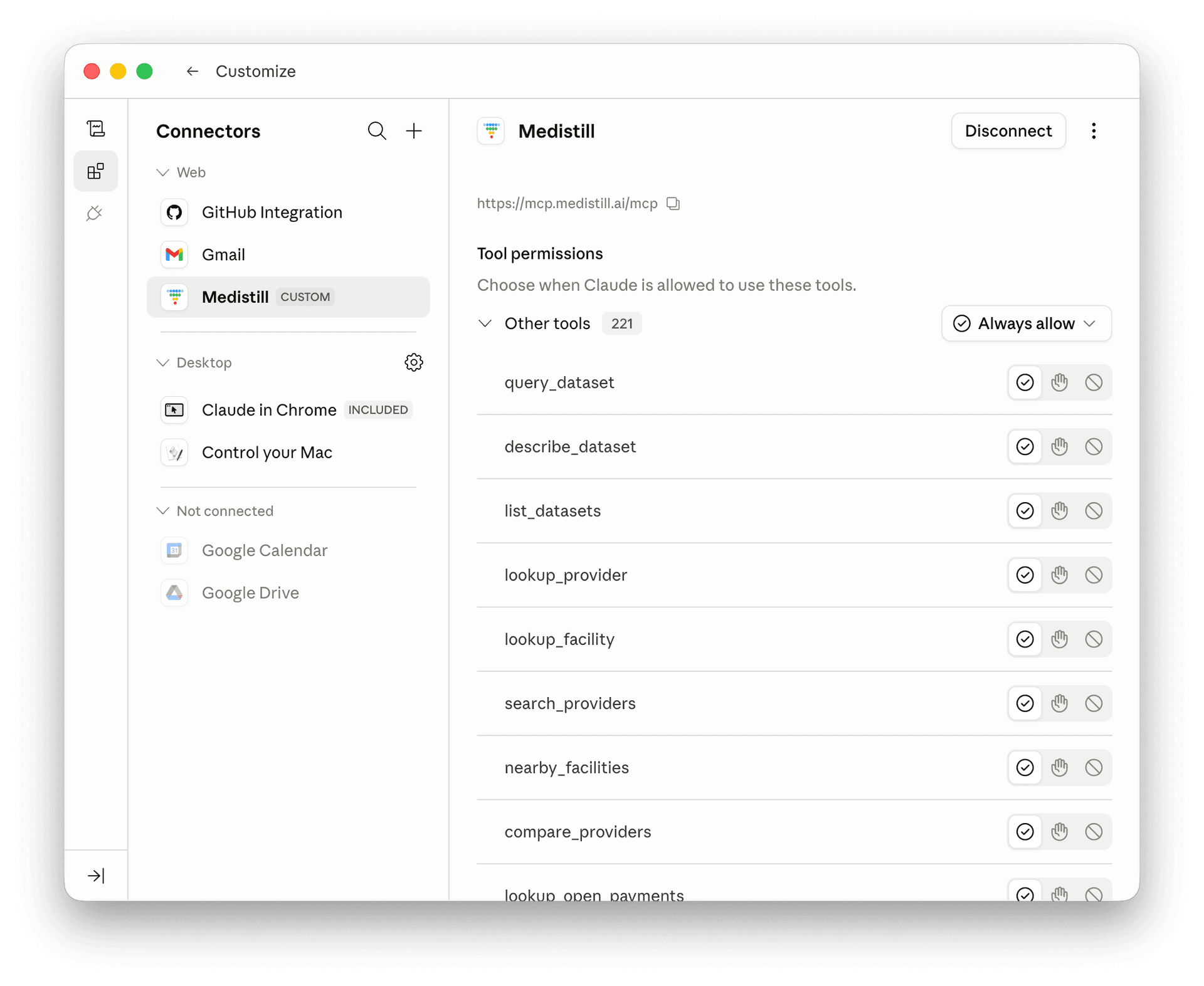 Medistill connector tool permissions with Always allow option selected
