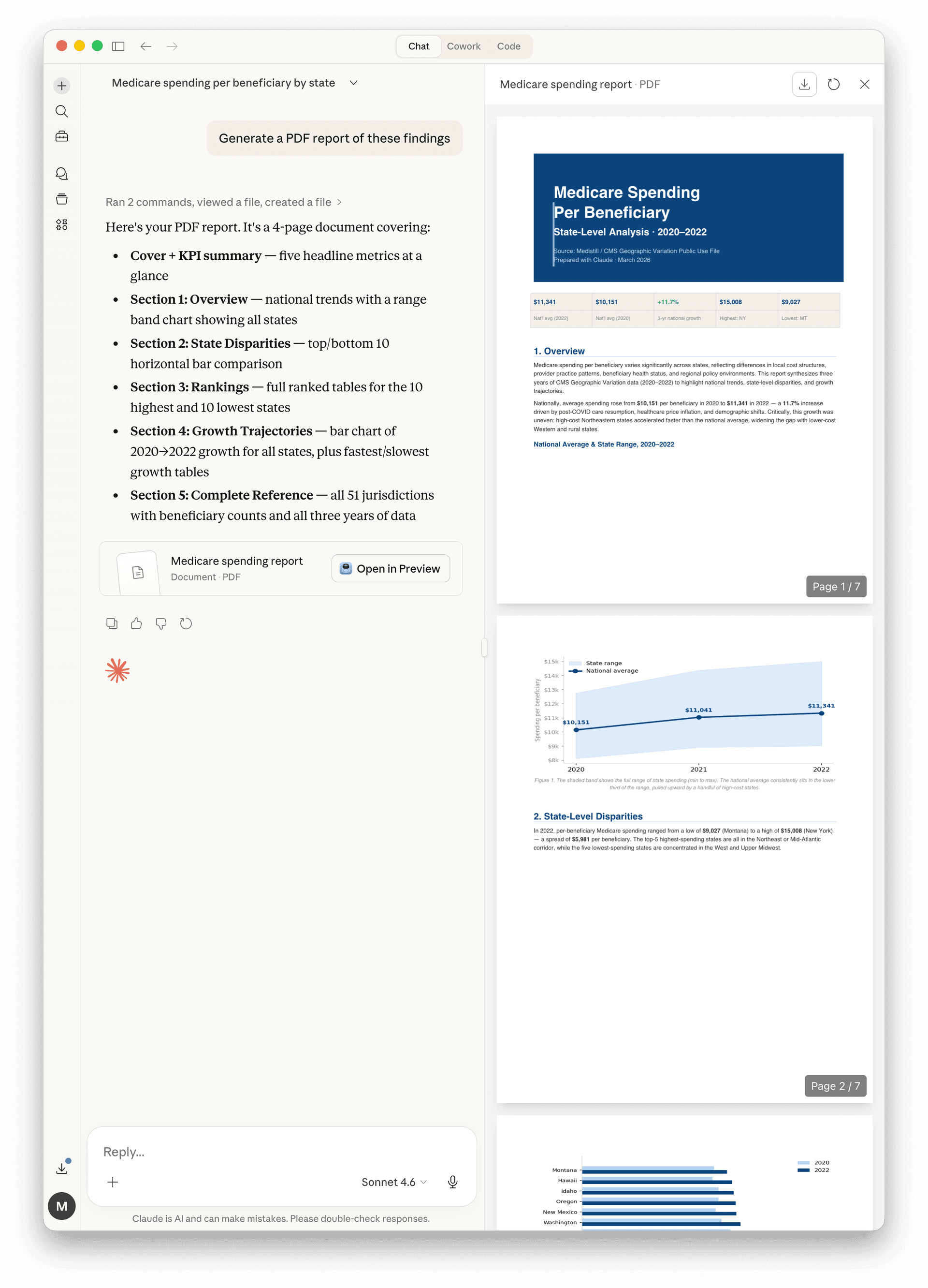 Generated PDF report with cover page, charts, and data tables previewed in Claude