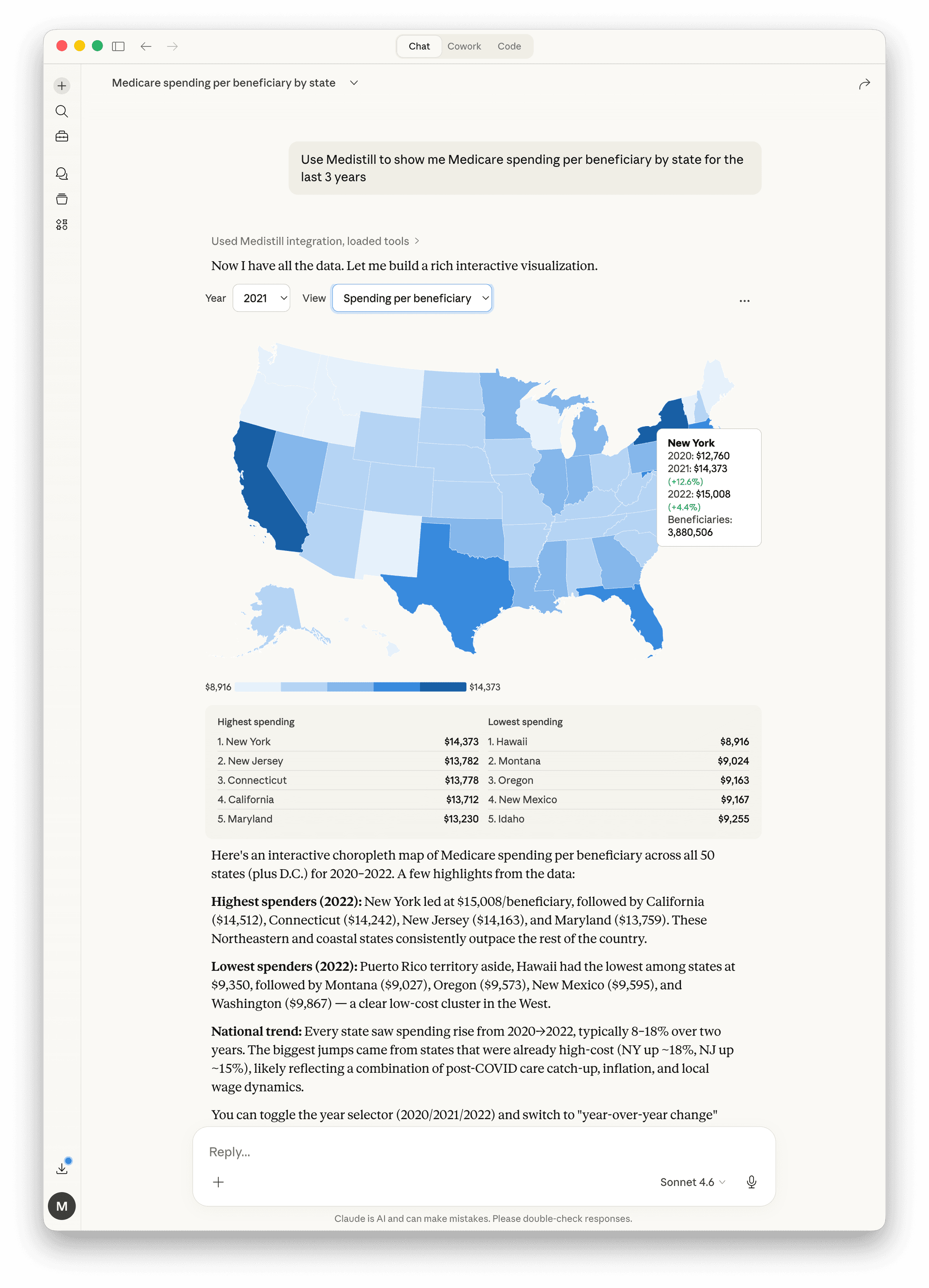 Interactive choropleth map showing Medicare spending per beneficiary by state with data table