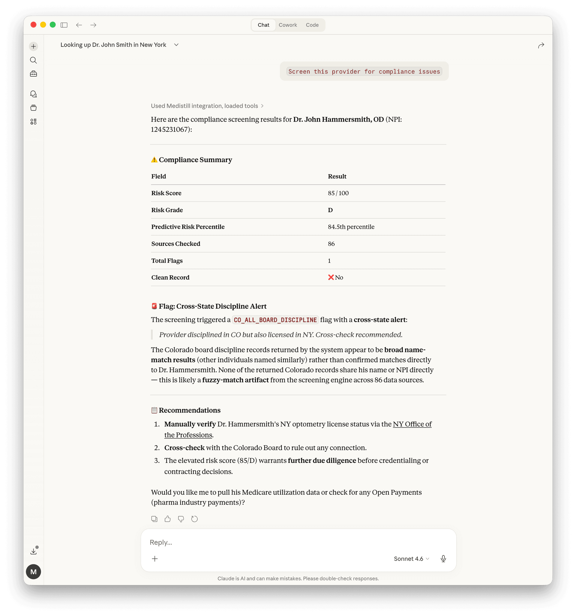 Compliance screening results showing risk score, grade, flags, and recommendations