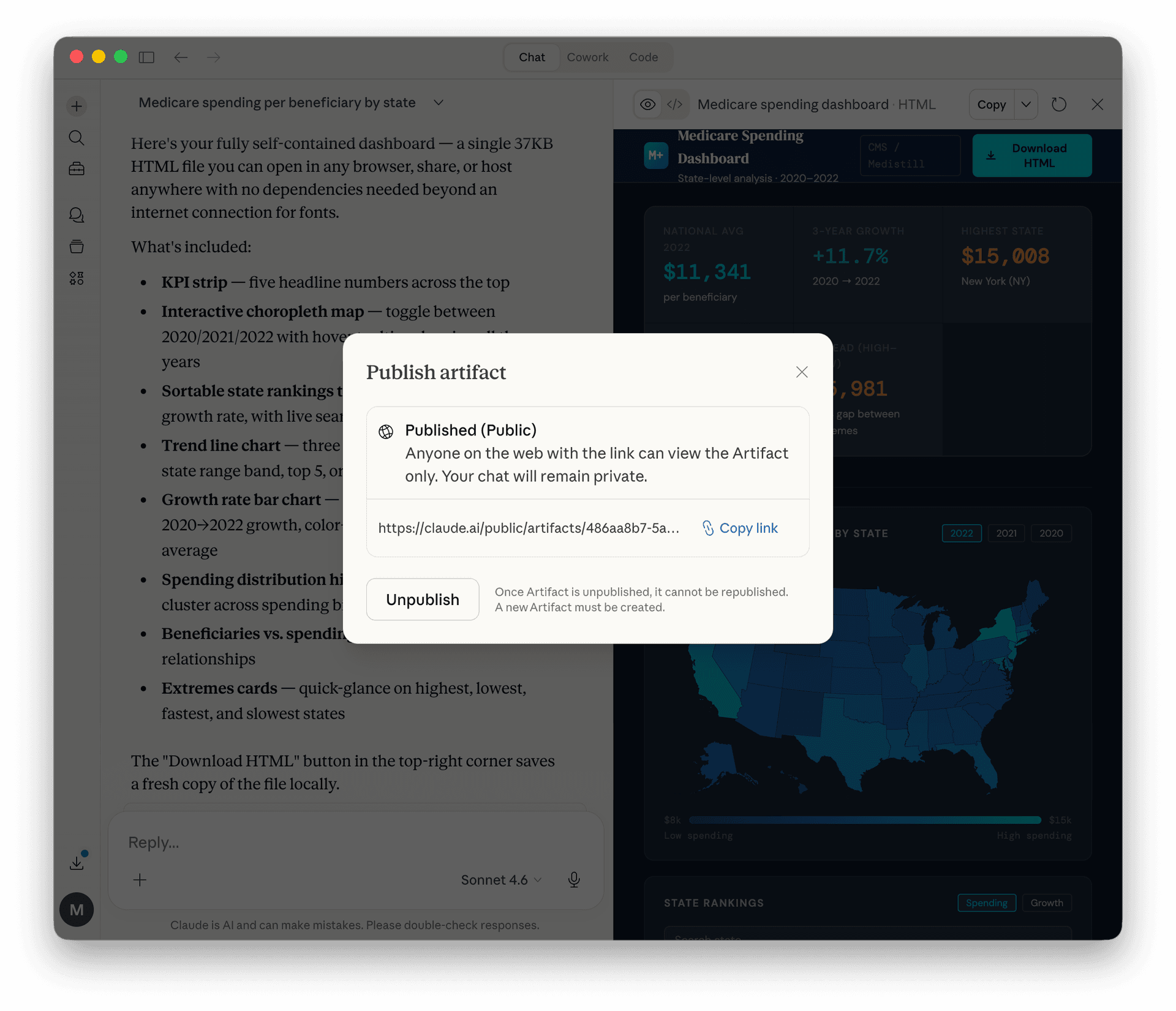 Publish artifact dialog showing public URL with Copy link button