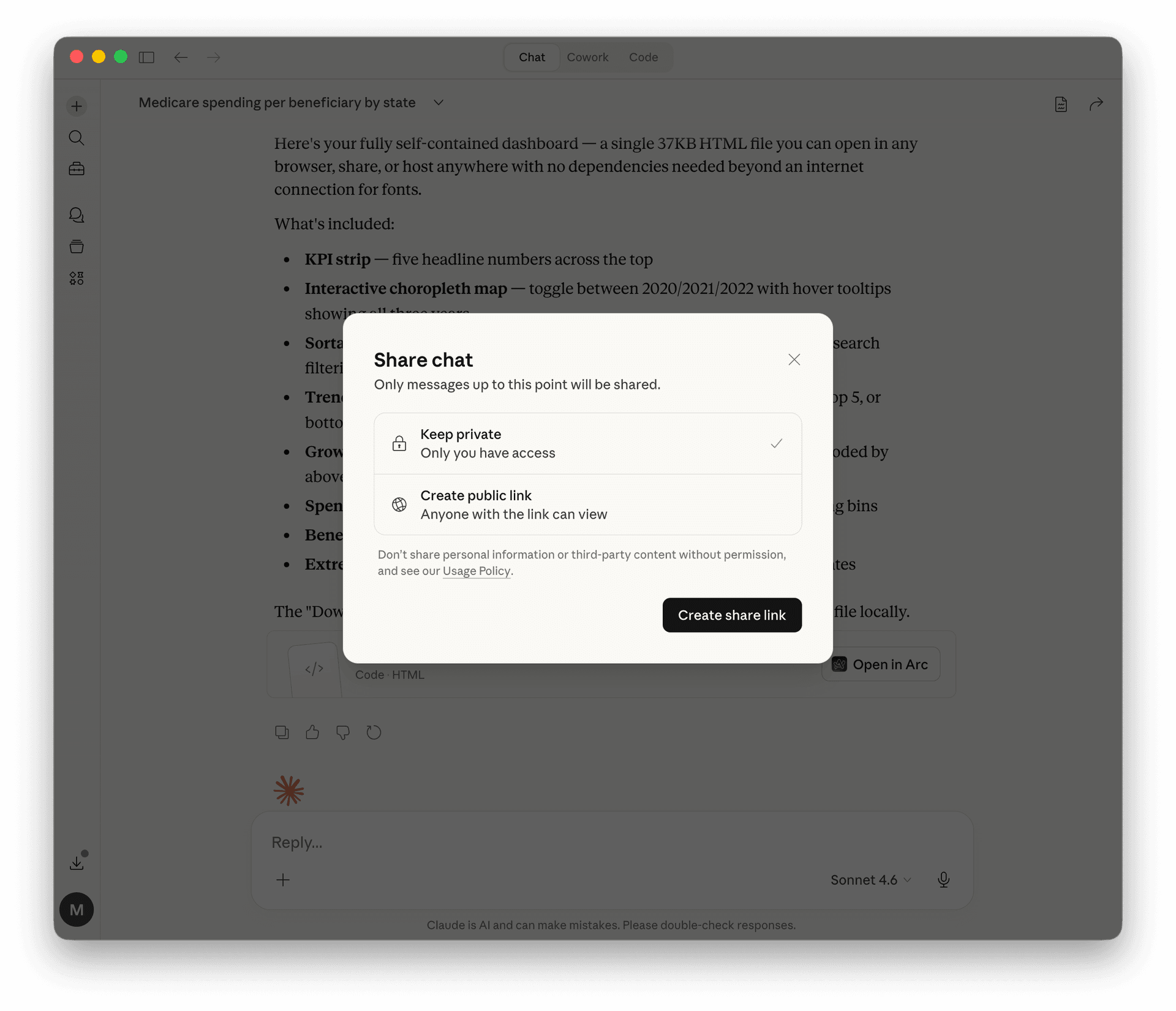 Share chat dialog in Claude with Create public link option selected