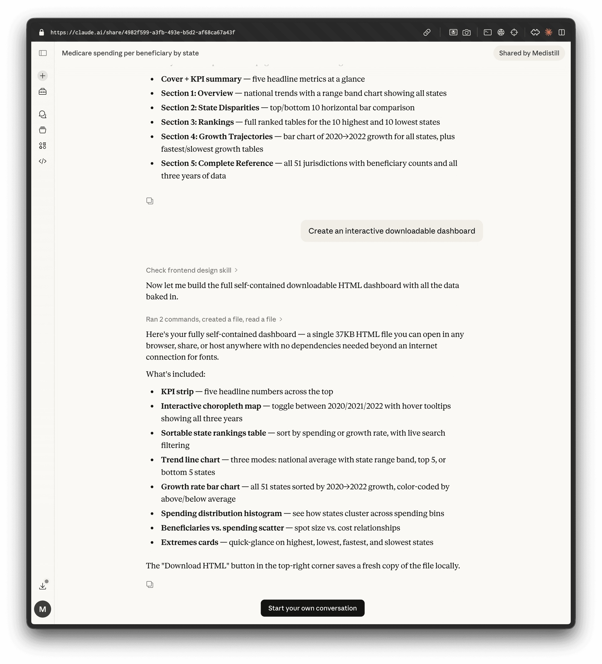 Shared conversation view showing Medistill query results with Shared by Medistill badge