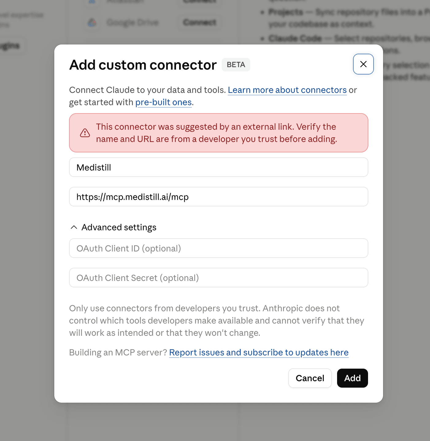 Add custom connector dialog opened from the install link with Medistill name and MCP URL prefilled and the external-link verification notice